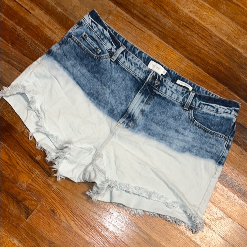 True Craft Blue and White Jean Shorts with Distressed Ombre Design